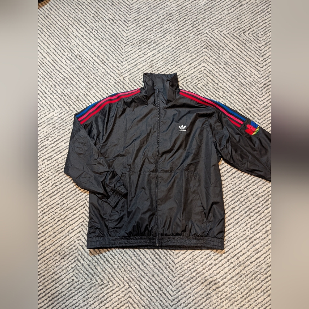 adidas Black Nylon Track Jacket with Red, Pink & Blue Shoulder Stripes